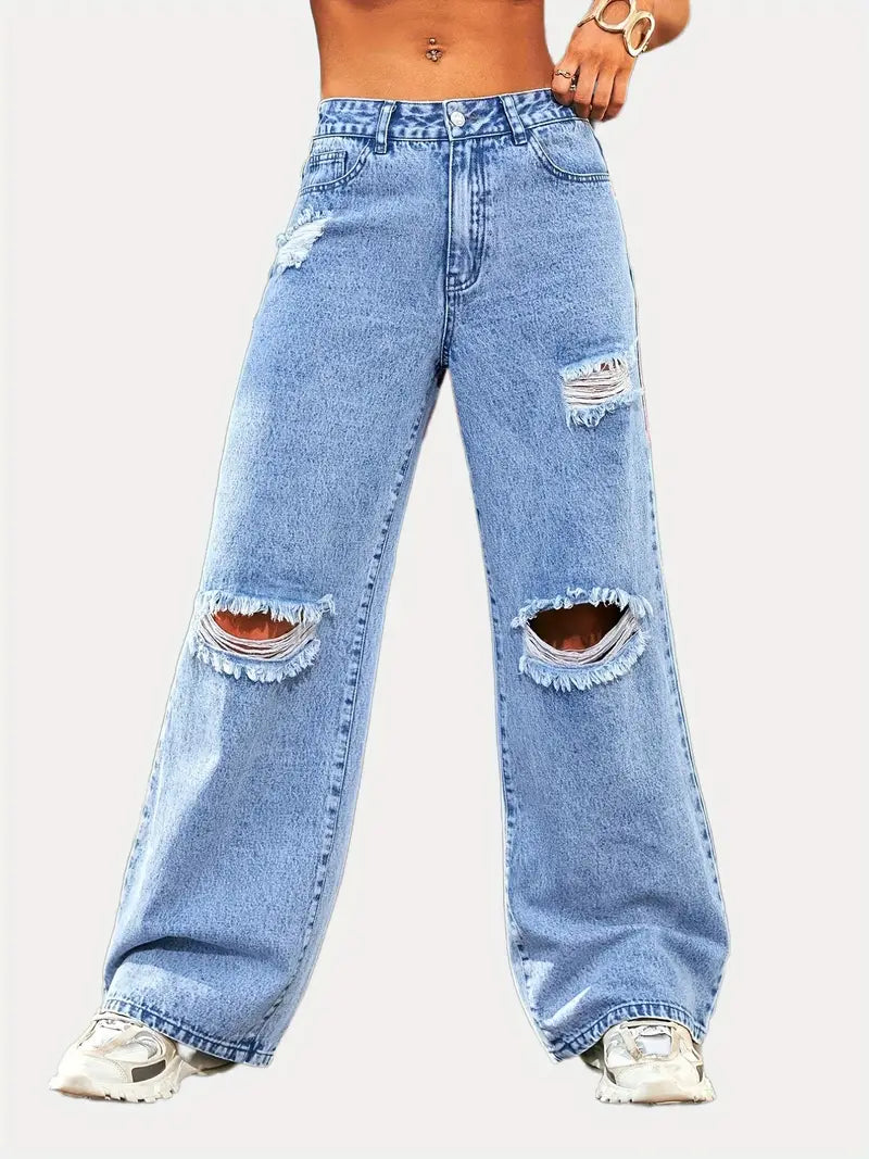 High Rise Wide Leg Ripped Distressed Jeans for Women
