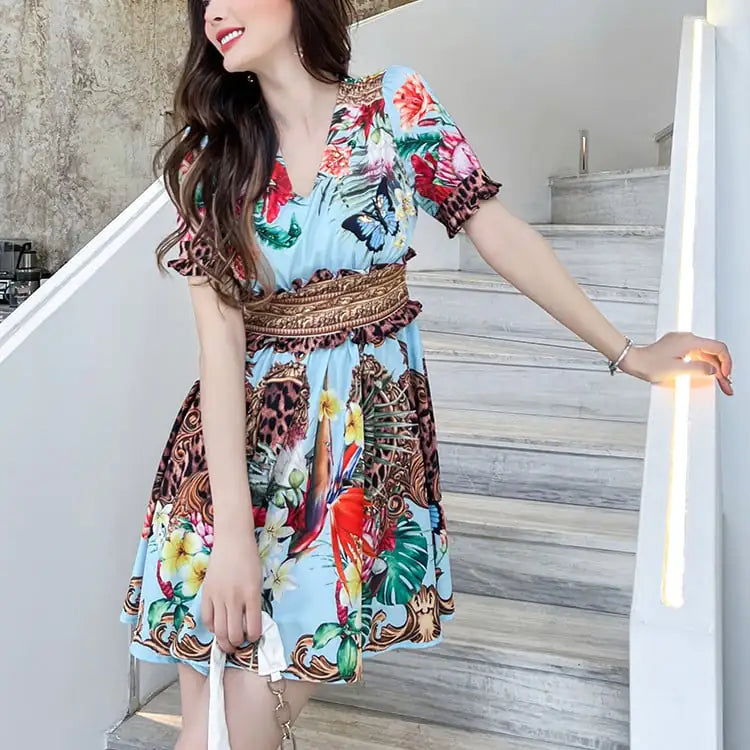 Printed Slim V-neck Dress for Summer Fashion