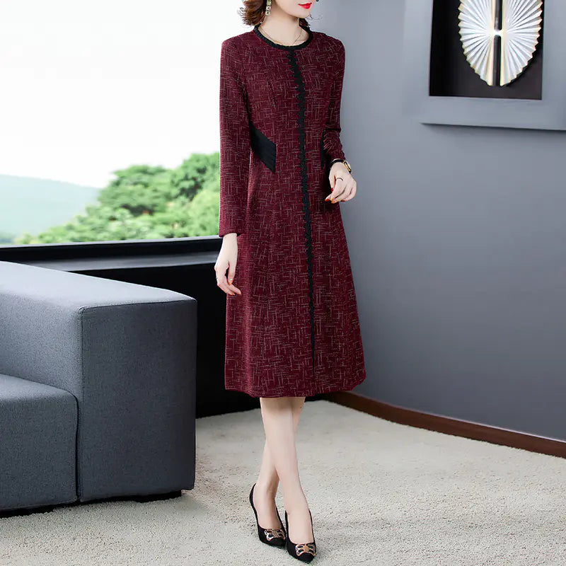 Elegant Red Knitting Midi Dress for Women (Long Sleeve)