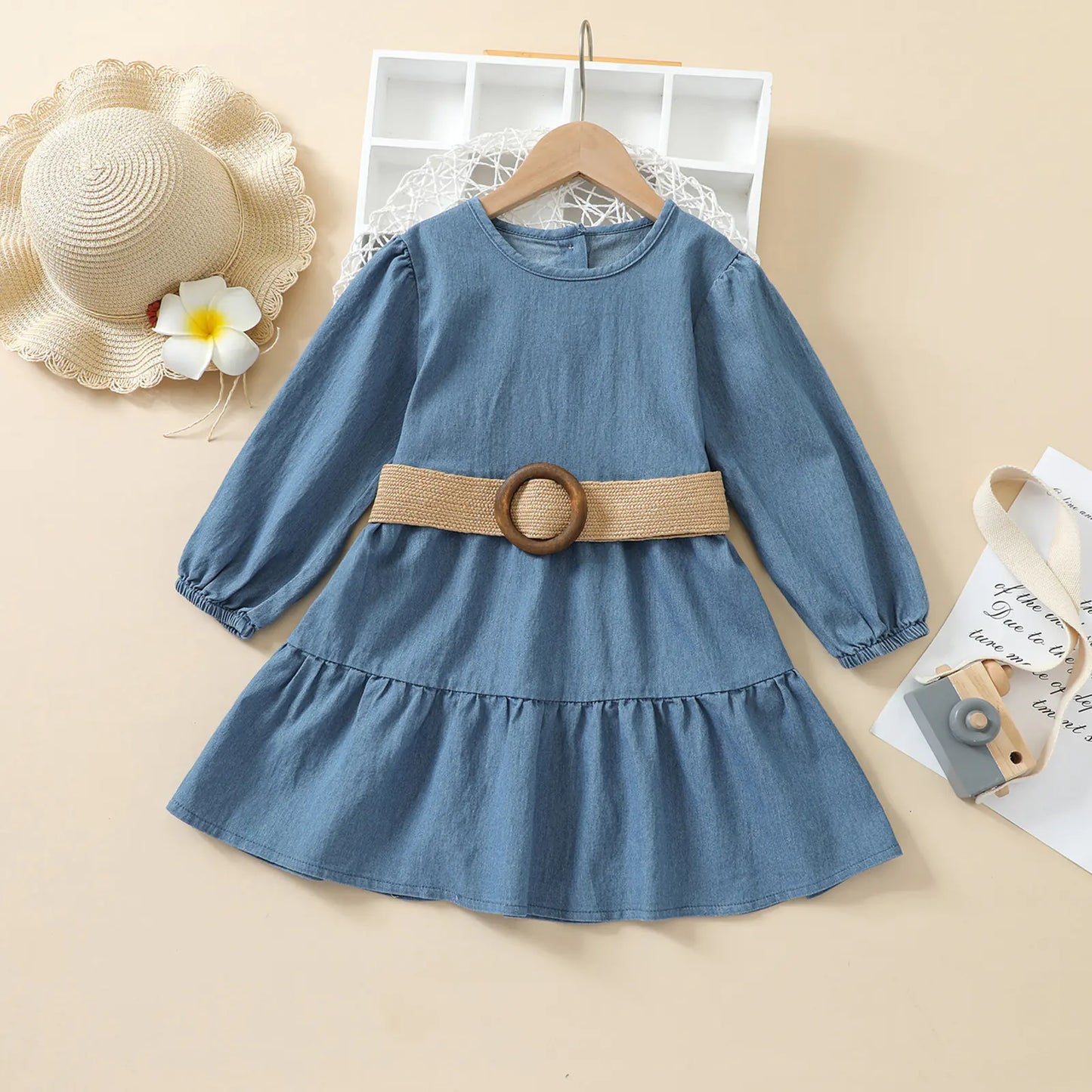 Long Sleeve Denim Princess Dress with Belt