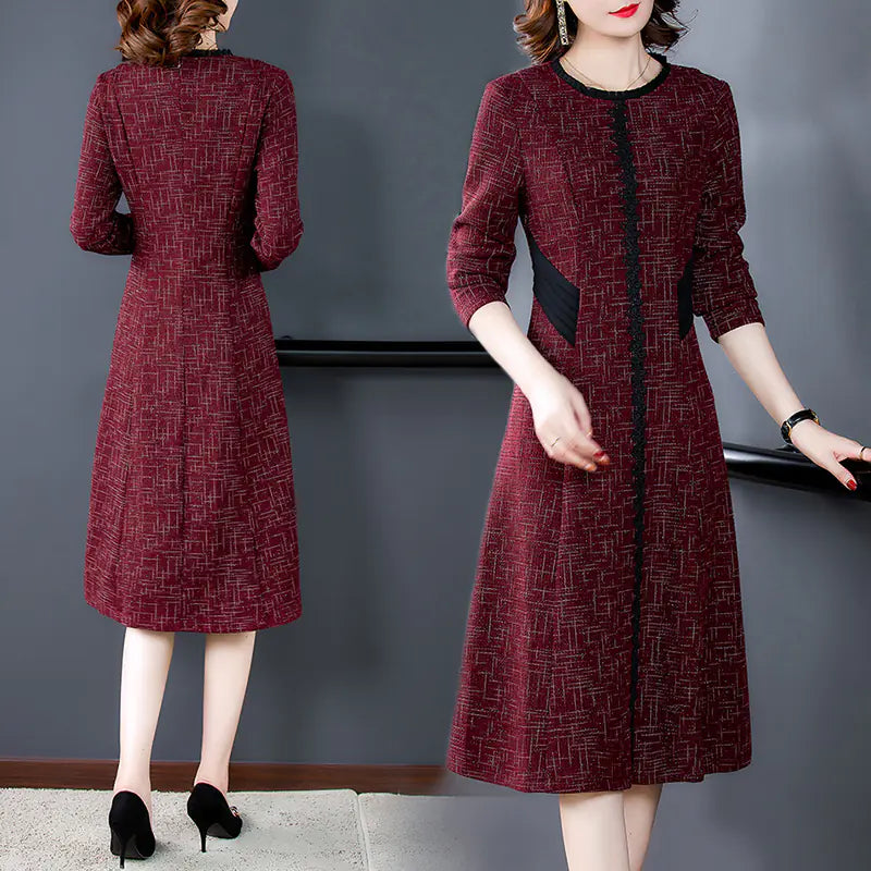 Elegant Red Knitting Midi Dress for Women (Long Sleeve)