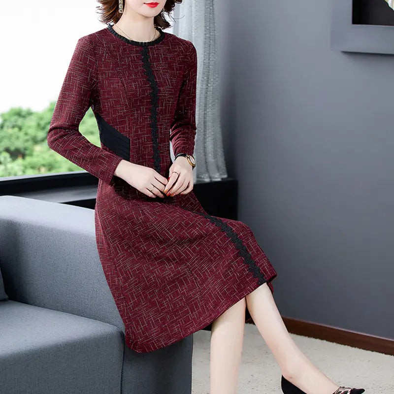 Elegant Red Knitting Midi Dress for Women (Long Sleeve)