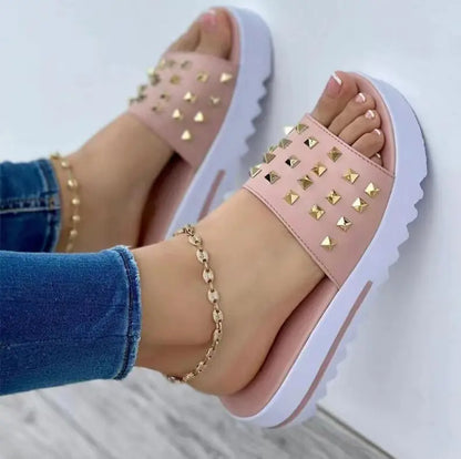 Women's Summer Wedge Flip Flops with Rivets
