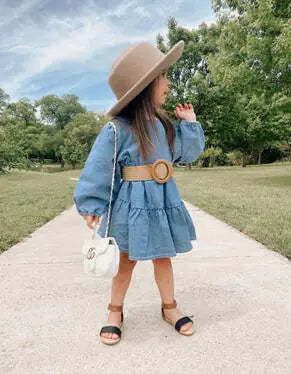 Long Sleeve Denim Princess Dress with Belt