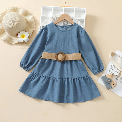 Long Sleeve Denim Princess Dress with Belt